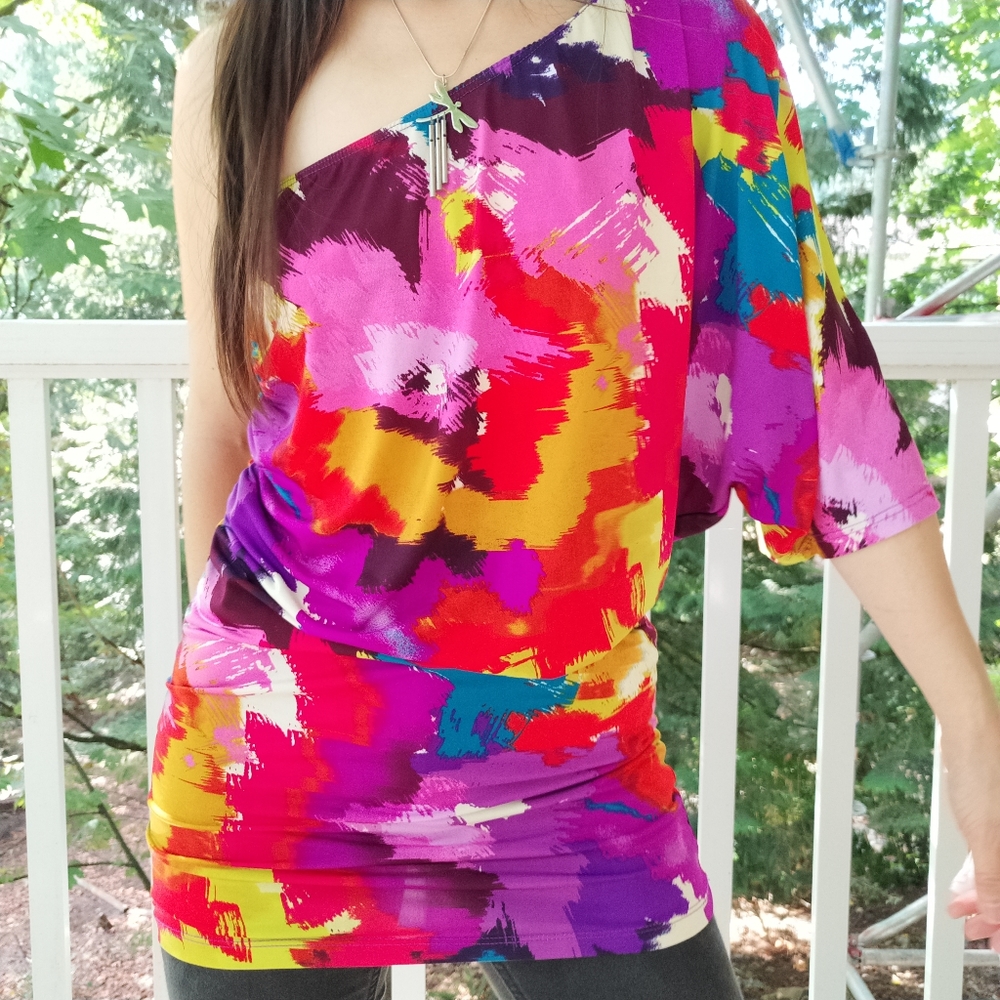 Vintage seduction one shoulder colourful top